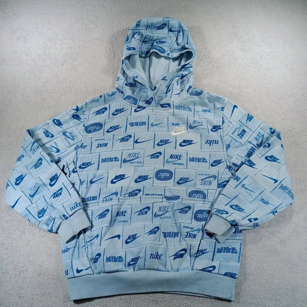 Nike Boys Hoodie All Over Print Blue Medium M Logo Fleece Pullover